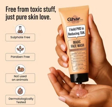 Ghar Soaps Magic De-Tan Face wash I With Sandalwood ,Saffron & Glutathione | Tan Removal, Brightening and Glowing Skin I For All Skin Type Skin I For Man & Women | 100ml